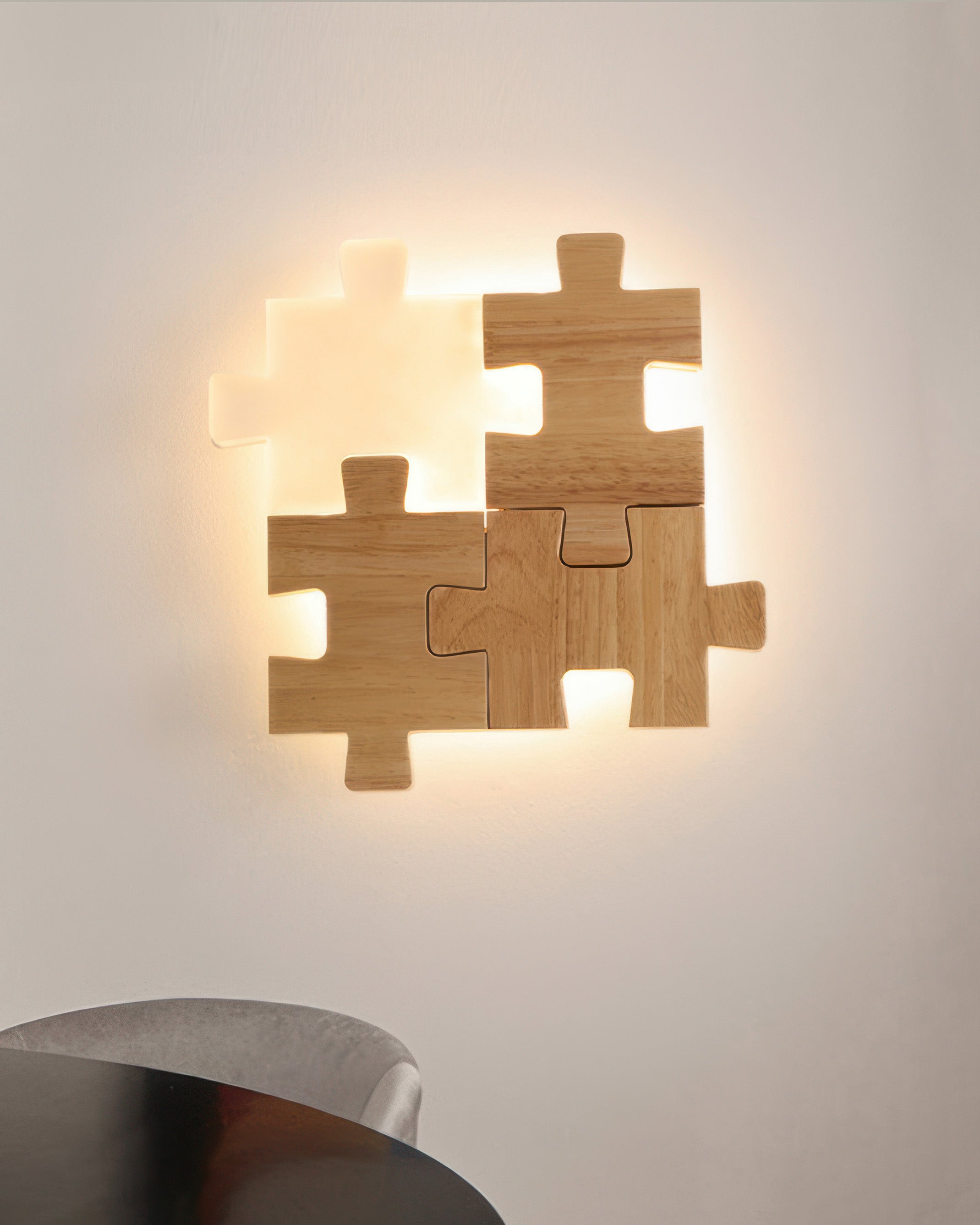 PuzzleGlow – Luxe LED Wandlamp met Speels Houten Design voor een Modern Interieur