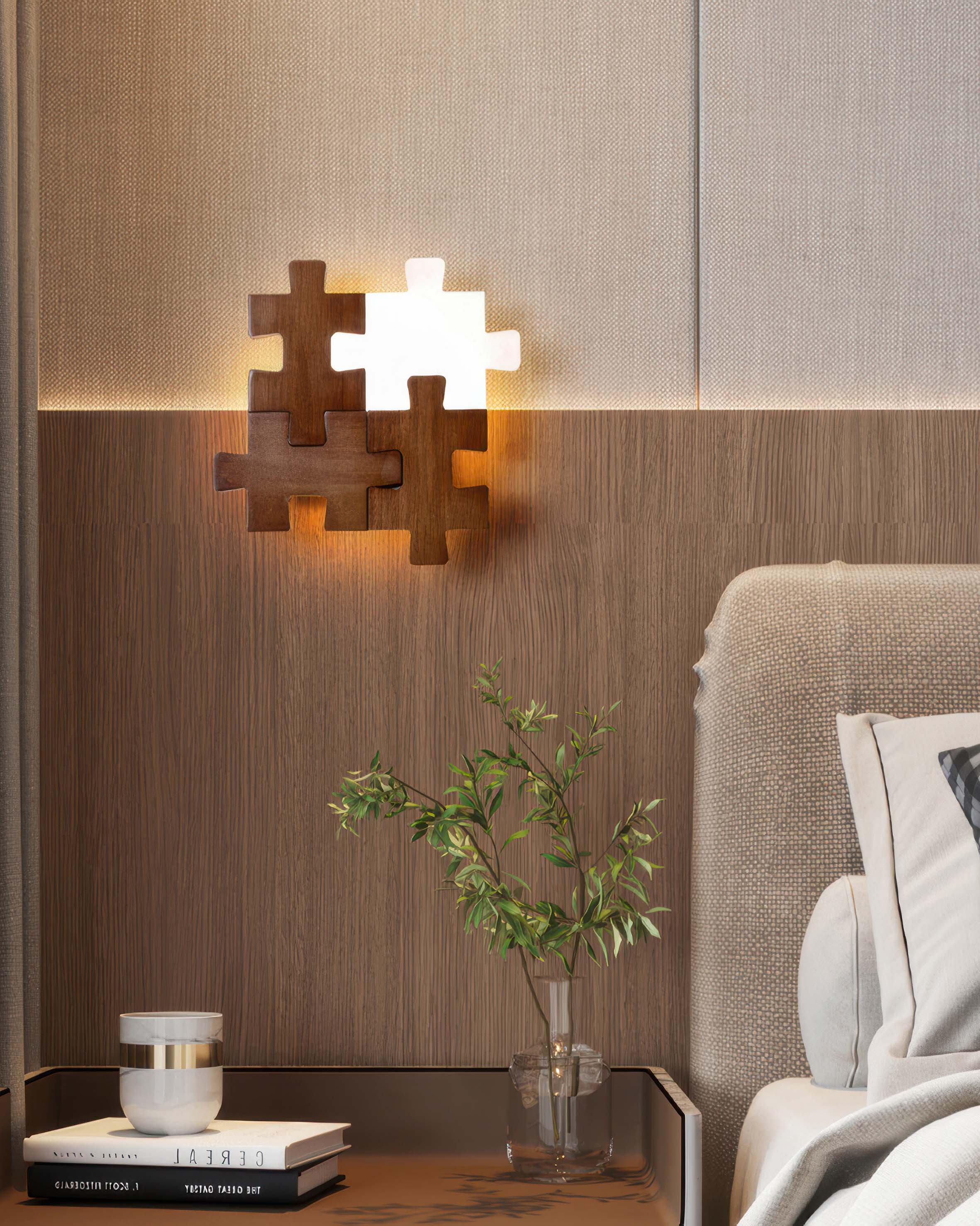 PuzzleGlow – Luxe LED Wandlamp met Speels Houten Design voor een Modern Interieur