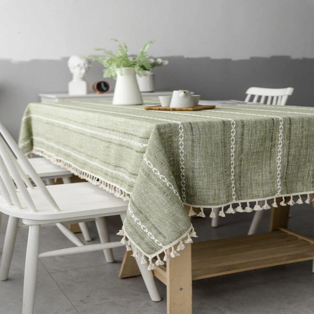 Nappe Rustique en Coton-Lin avec Motif Brodé Rayé pour Table à Manger