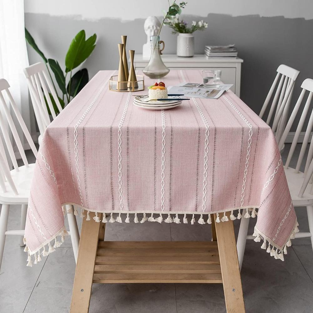 Nappe Rustique en Coton-Lin avec Motif Brodé Rayé pour Table à Manger