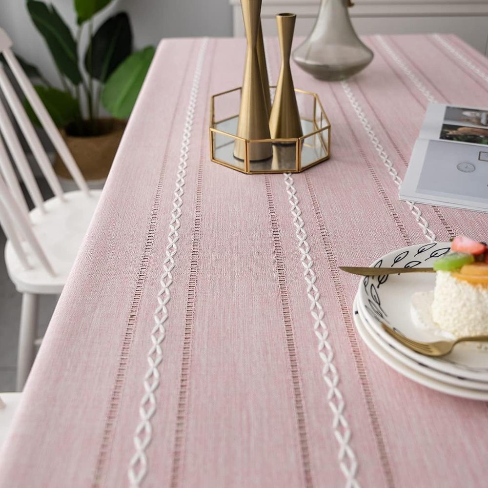 Nappe Rustique en Coton-Lin avec Motif Brodé Rayé pour Table à Manger