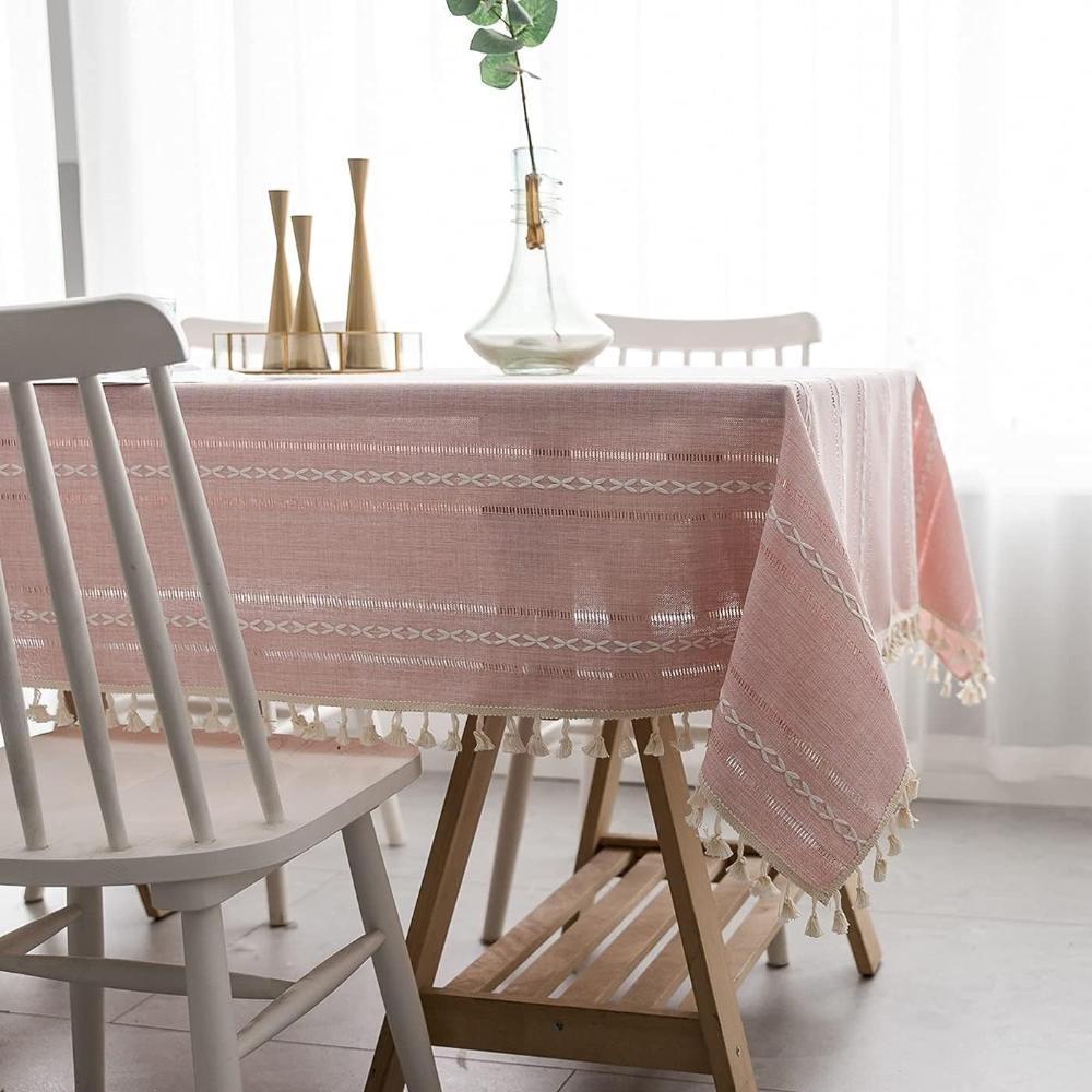 Nappe Rustique en Coton-Lin avec Motif Brodé Rayé pour Table à Manger