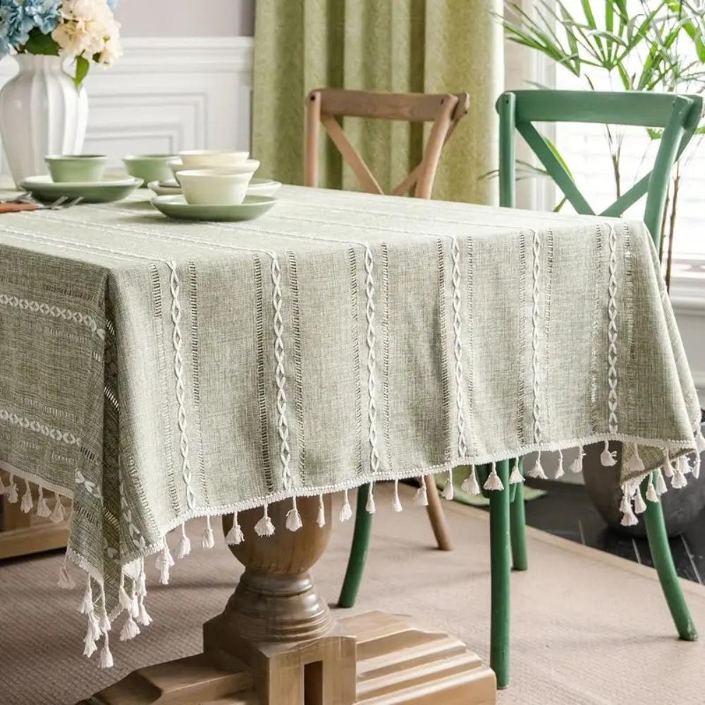 Nappe Rustique en Coton-Lin avec Motif Brodé Rayé pour Table à Manger