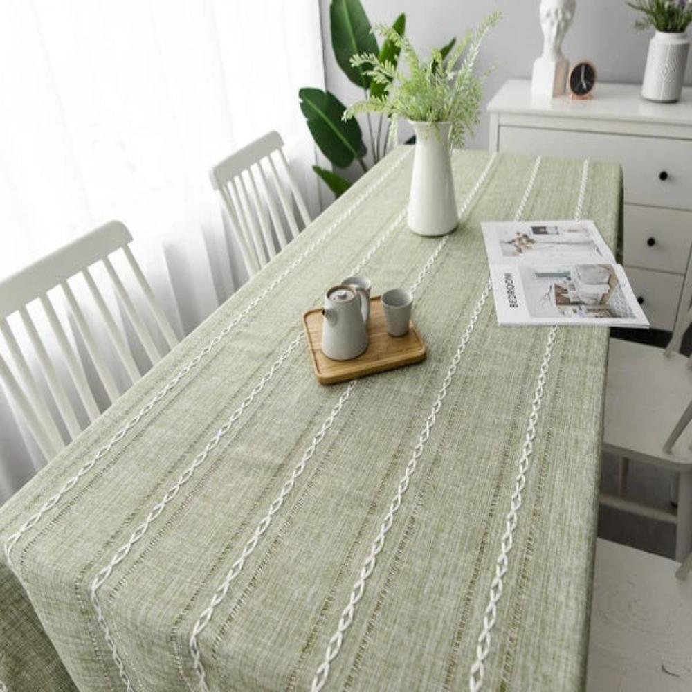 Nappe Rustique en Coton-Lin avec Motif Brodé Rayé pour Table à Manger