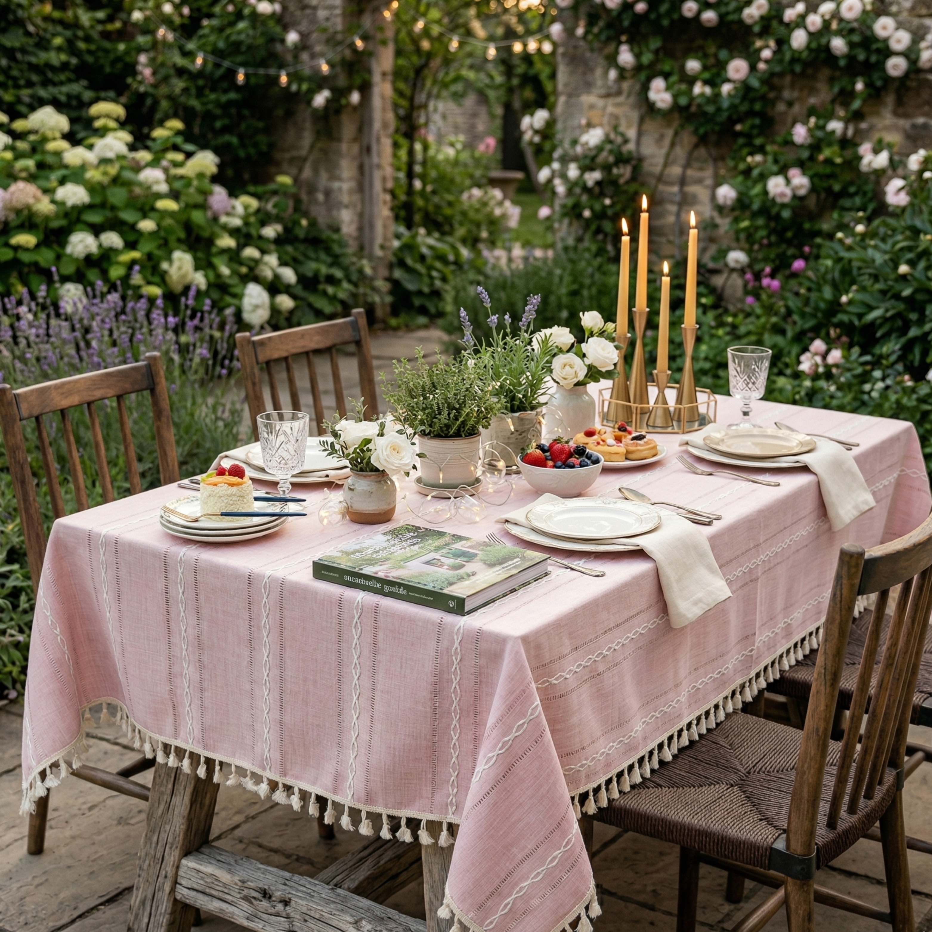 Nappe Rustique en Coton-Lin avec Motif Brodé Rayé pour Table à Manger