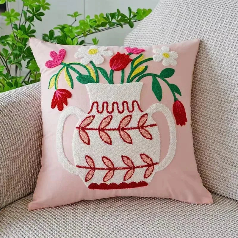 BloomLinen – Embroidered Cushion Cover of Cotton Canvas with Rustic Floral Splendor