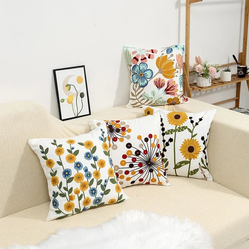 BloomLinen – Embroidered Cushion Cover of Cotton Canvas with Rustic Floral Splendor