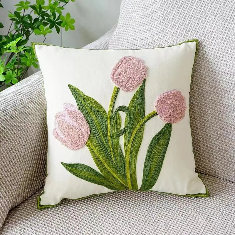 BloomLinen – Embroidered Cushion Cover of Cotton Canvas with Rustic Floral Splendor