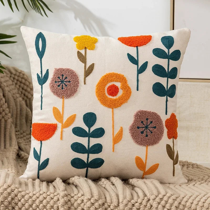 BloomLinen – Embroidered Cushion Cover of Cotton Canvas with Rustic Floral Splendor
