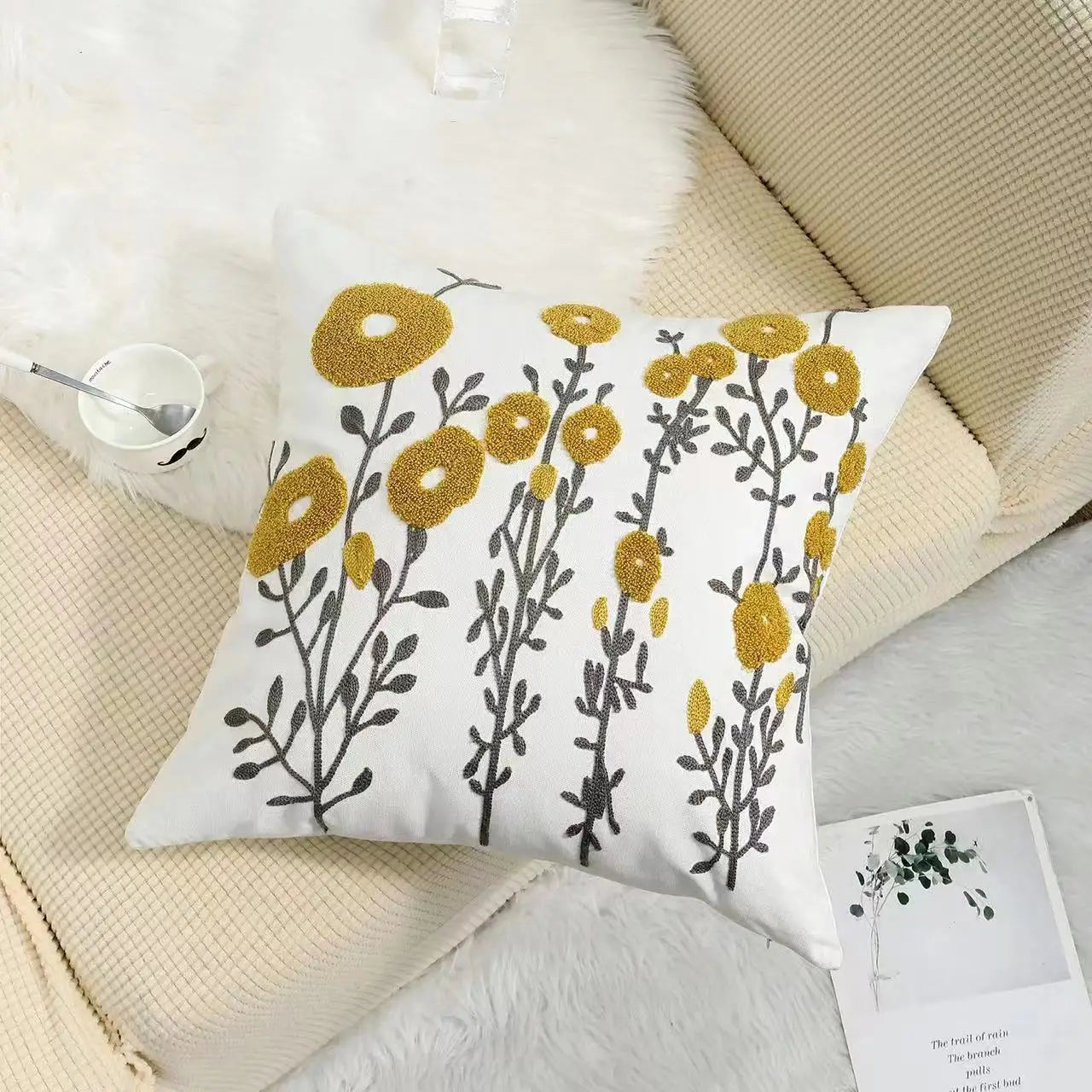 BloomLinen – Embroidered Cushion Cover of Cotton Canvas with Rustic Floral Splendor