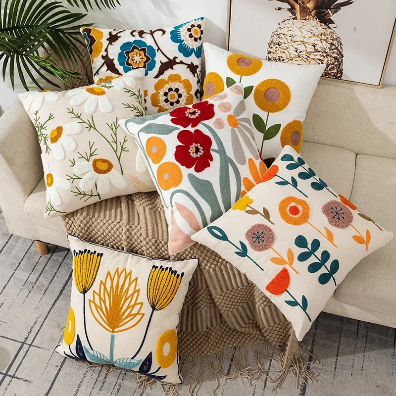 BloomLinen – Embroidered Cushion Cover of Cotton Canvas with Rustic Floral Splendor