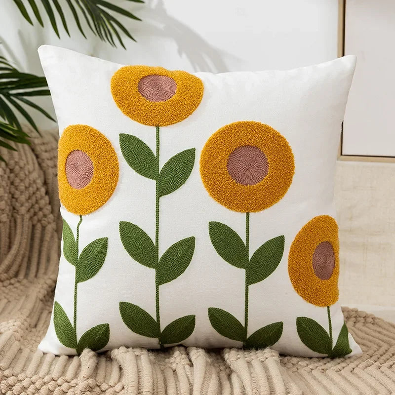 BloomLinen – Embroidered Cushion Cover of Cotton Canvas with Rustic Floral Splendor
