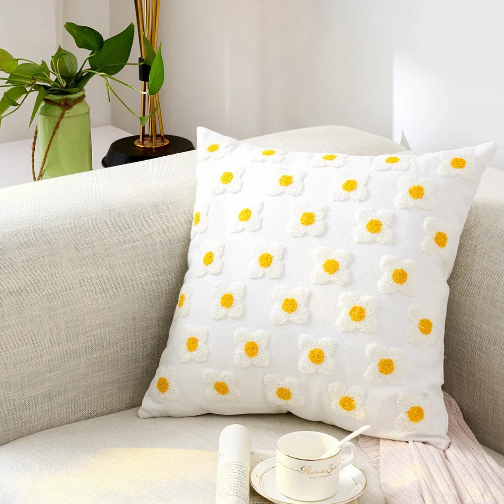 BloomLinen – Embroidered Cushion Cover of Cotton Canvas with Rustic Floral Splendor