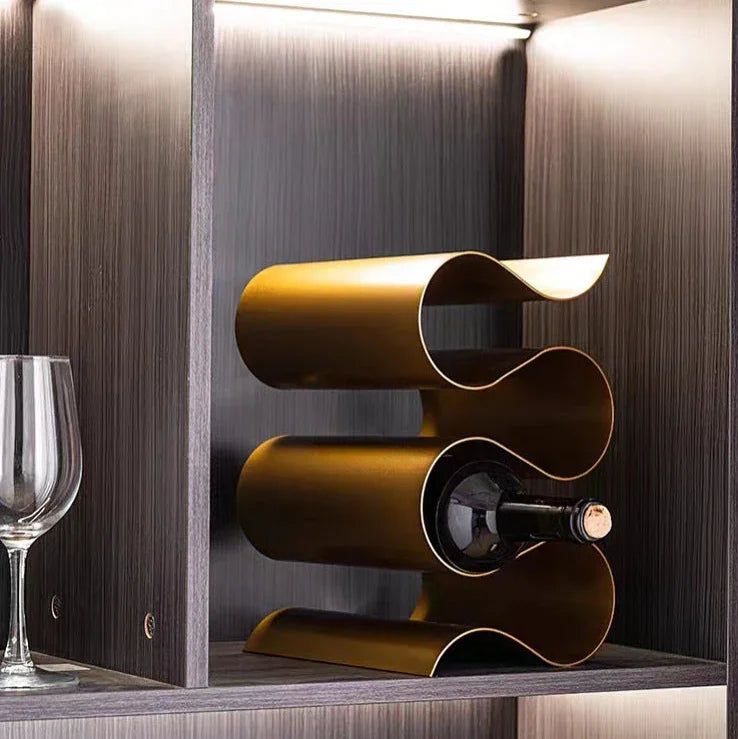 Porte-Bouteilles de Vin Métallique Sculptural en Forme Ondulée pour Plan de Travail et Table à Manger