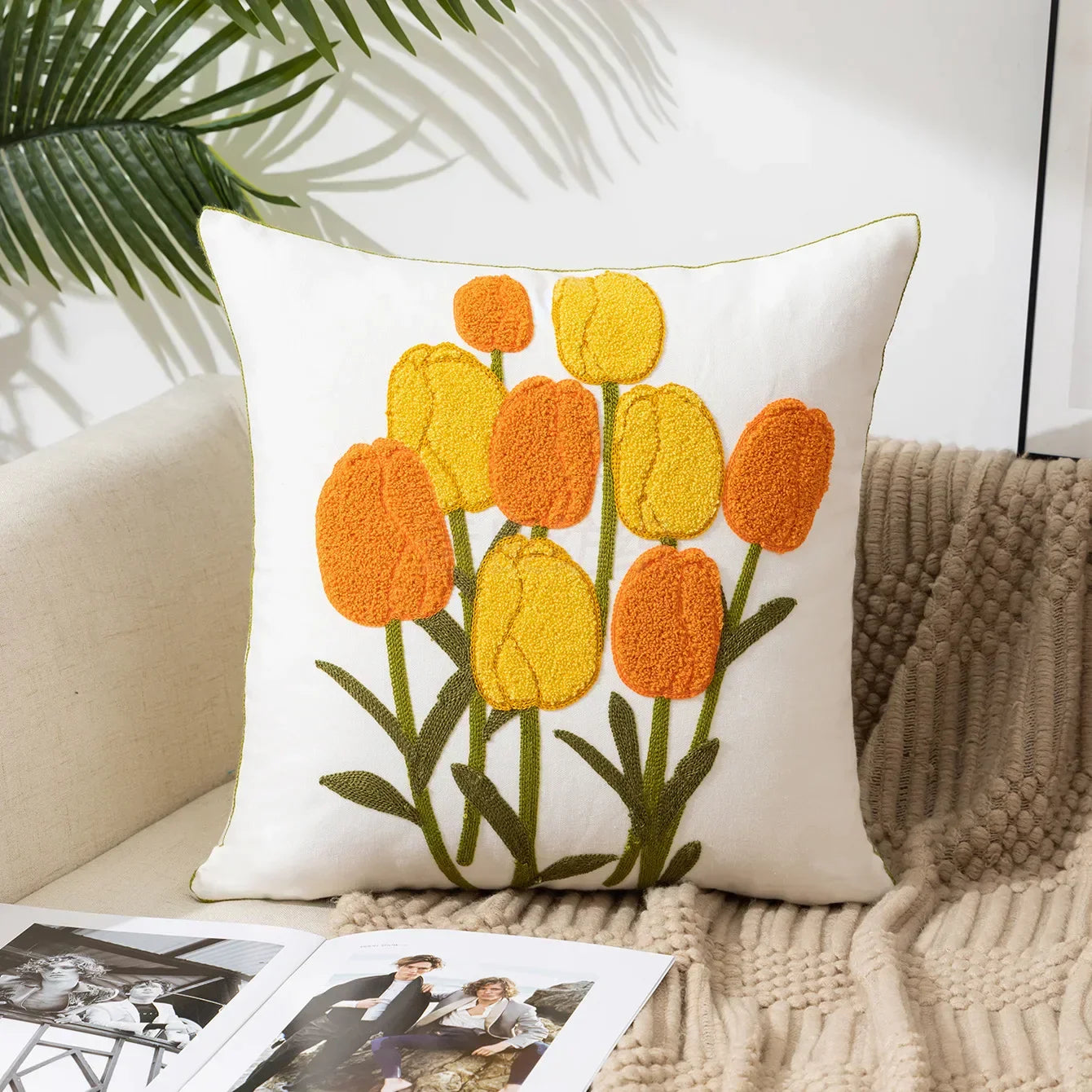 BloomLinen – Embroidered Cushion Cover of Cotton Canvas with Rustic Floral Splendor