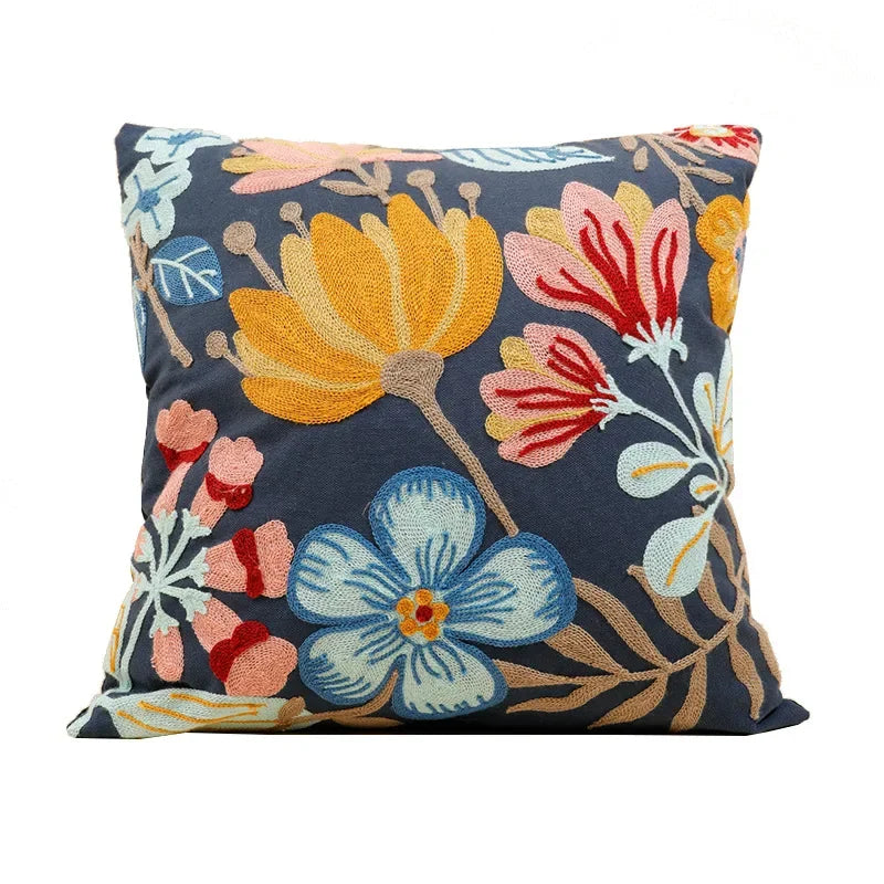 BloomLinen – Embroidered Cushion Cover of Cotton Canvas with Rustic Floral Splendor