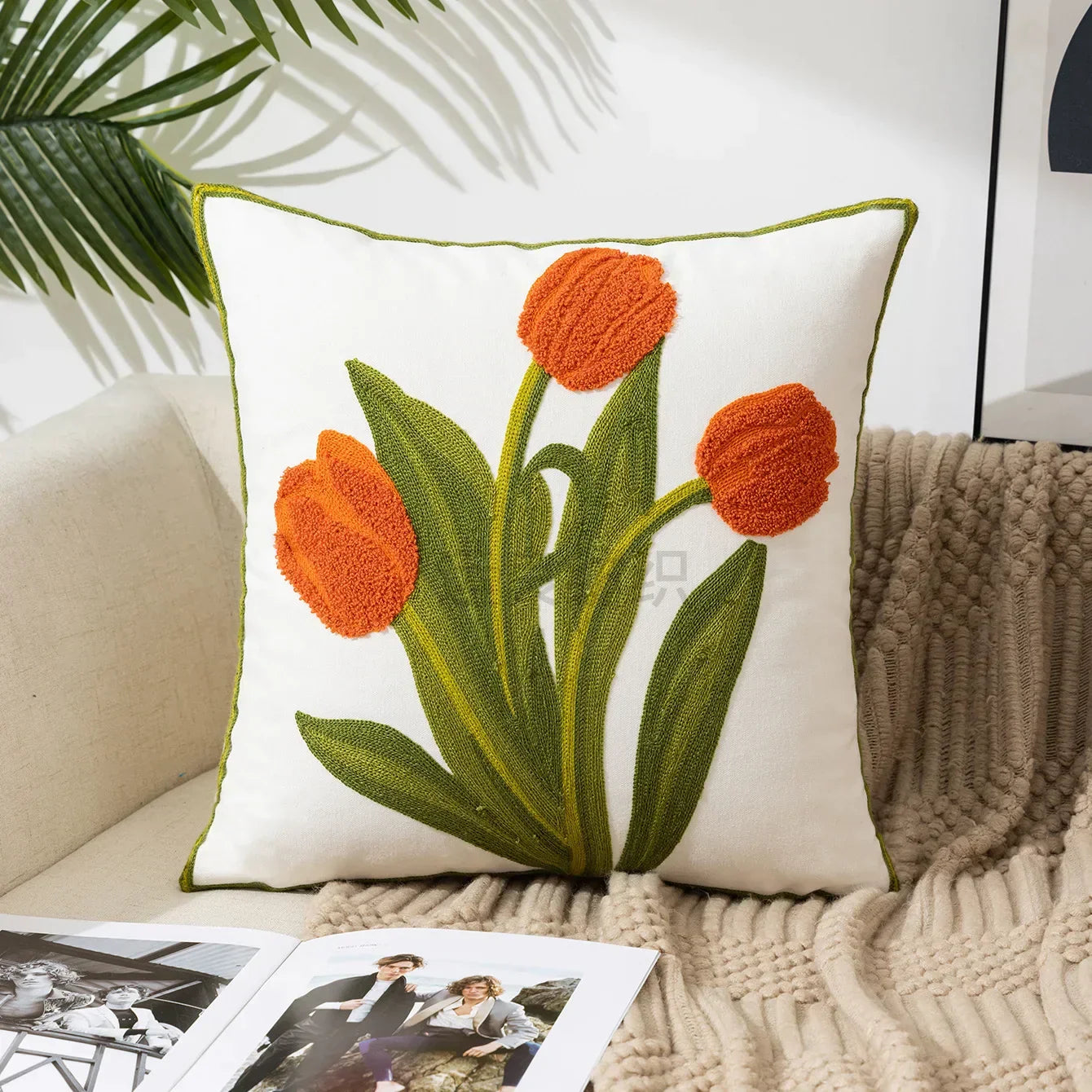 BloomLinen – Embroidered Cushion Cover of Cotton Canvas with Rustic Floral Splendor