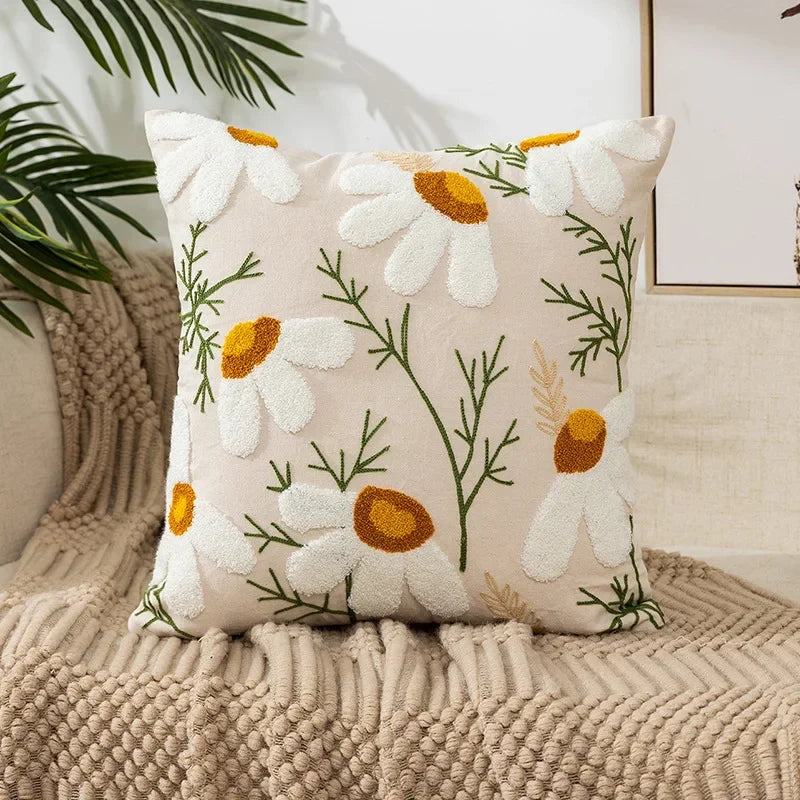 BloomLinen – Embroidered Cushion Cover of Cotton Canvas with Rustic Floral Splendor