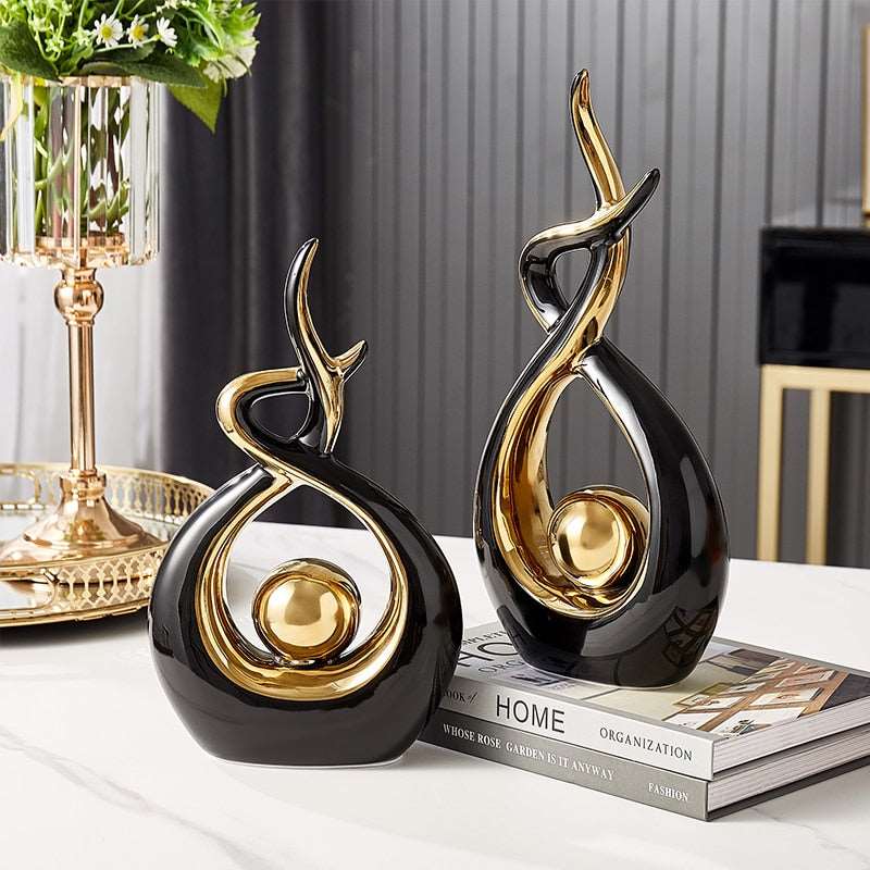 LuxeForm – Abstracte Keramische Sculptuur met Gouden Accenten voor Tijdloze Elegantie