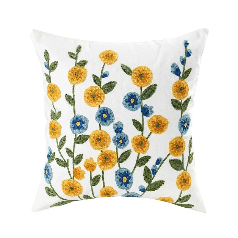 BloomLinen – Embroidered Cushion Cover of Cotton Canvas with Rustic Floral Splendor