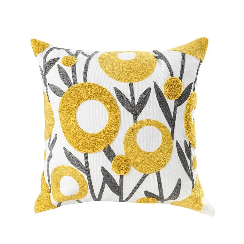 BloomLinen – Embroidered Cushion Cover of Cotton Canvas with Rustic Floral Splendor