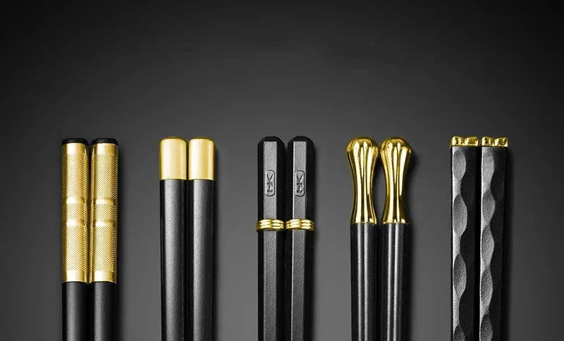 EliteStix – Luxe Set of 5 Metal Chopsticks with Modern Black & Gold Design