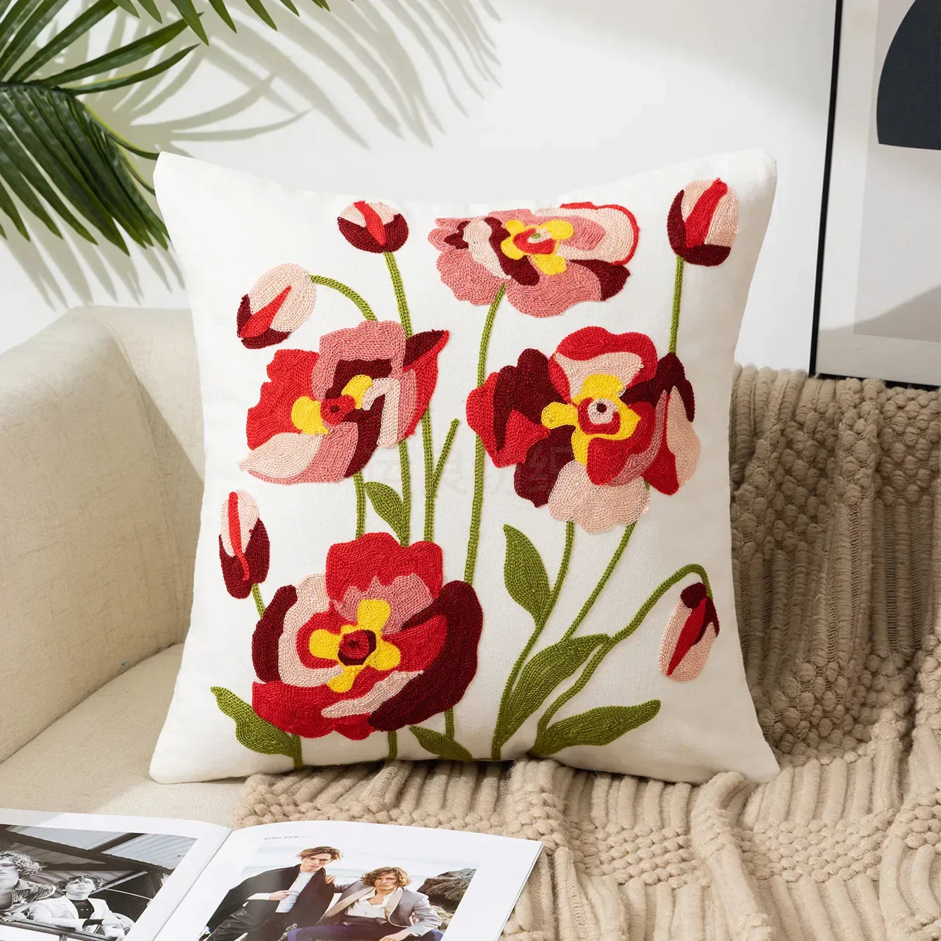 BloomLinen – Embroidered Cushion Cover of Cotton Canvas with Rustic Floral Splendor