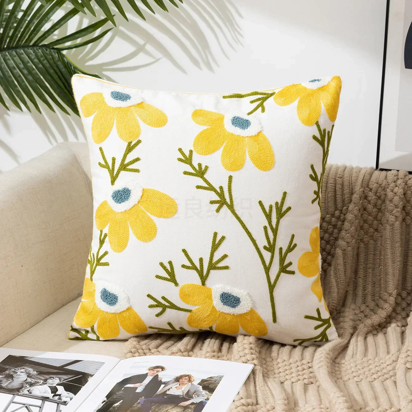 BloomLinen – Embroidered Cushion Cover of Cotton Canvas with Rustic Floral Splendor