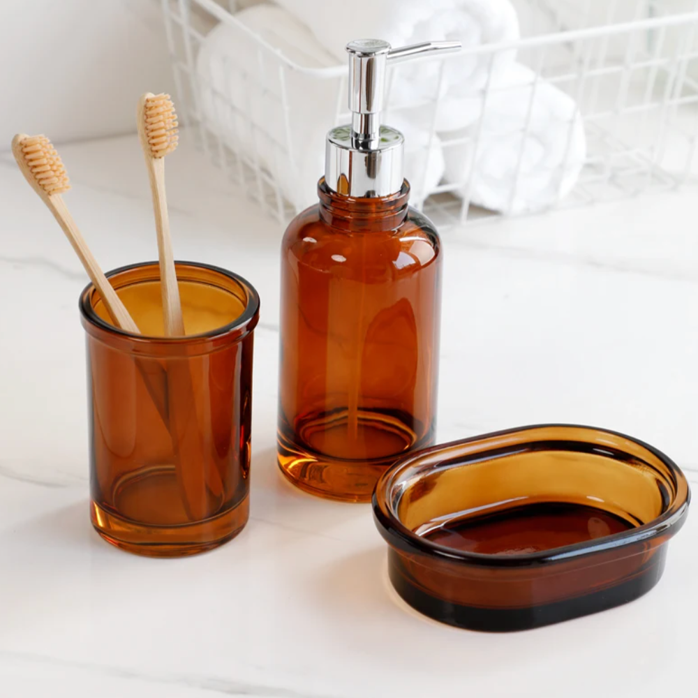 Apothecary Luxe – Elegant Glass Bathroom Set for a Timeless Look