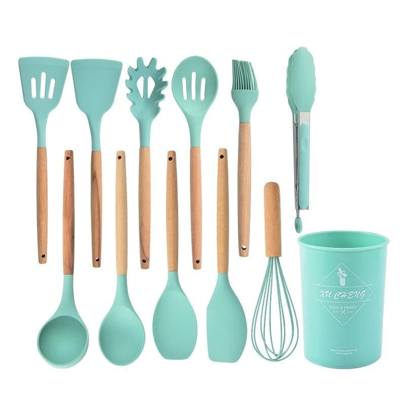 Set d’ustensiles de cuisine en silicone avec poignées en bois et têtes résistantes à la chaleur