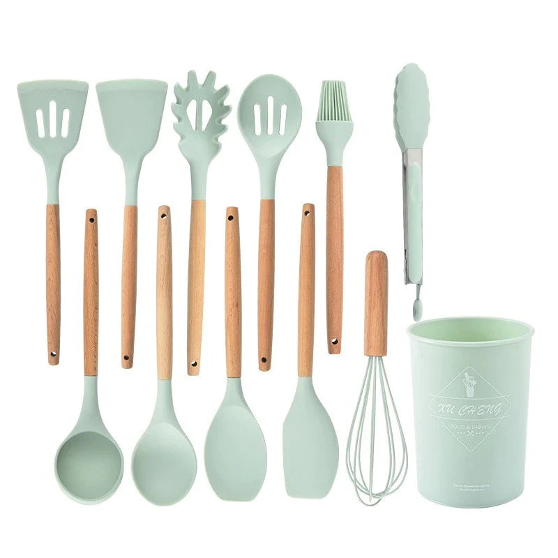Set d’ustensiles de cuisine en silicone avec poignées en bois et têtes résistantes à la chaleur