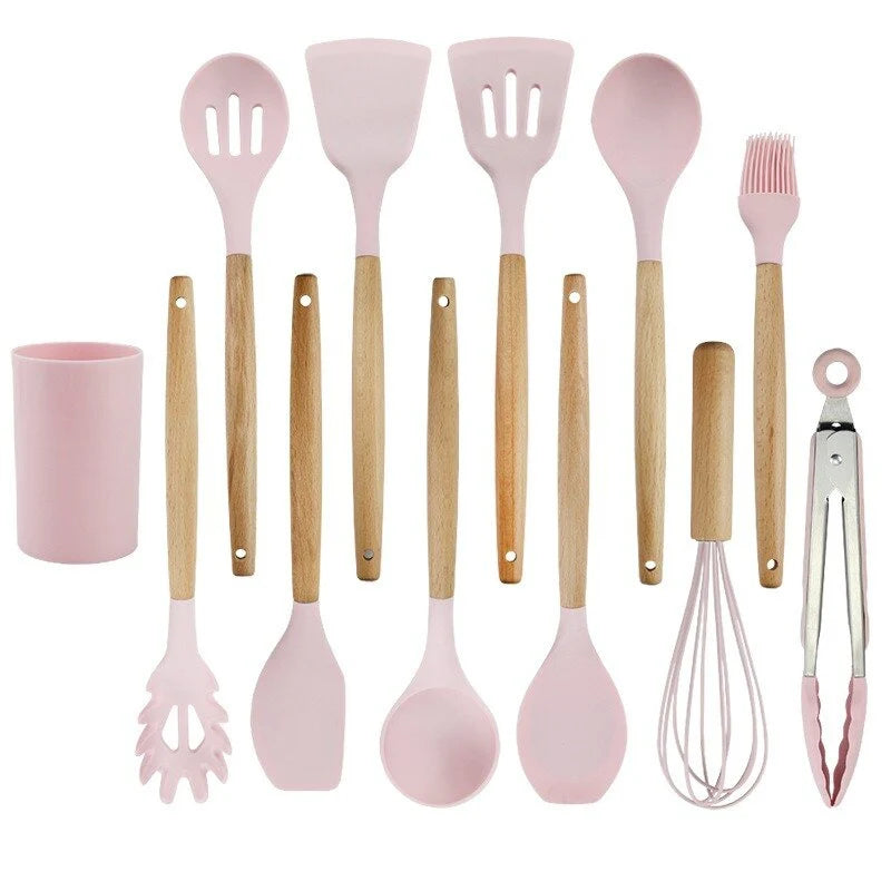 Set d’ustensiles de cuisine en silicone avec poignées en bois et têtes résistantes à la chaleur