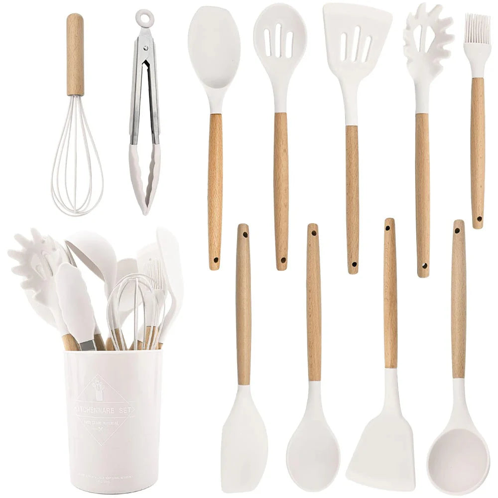 Set d’ustensiles de cuisine en silicone avec poignées en bois et têtes résistantes à la chaleur