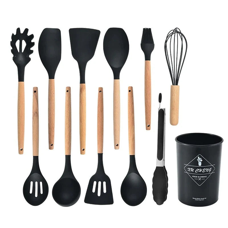 Set d’ustensiles de cuisine en silicone avec poignées en bois et têtes résistantes à la chaleur