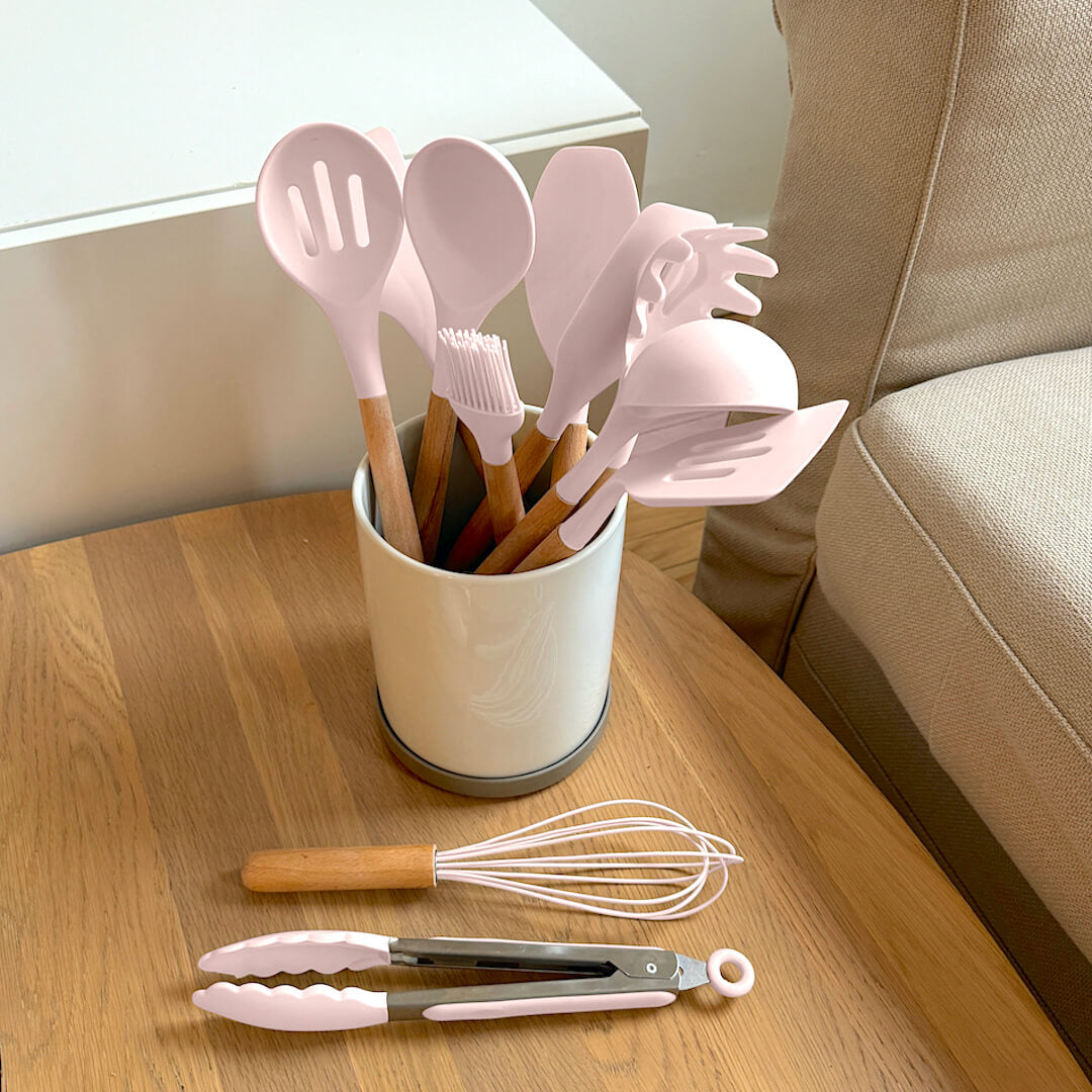 Set d’ustensiles de cuisine en silicone avec poignées en bois et têtes résistantes à la chaleur