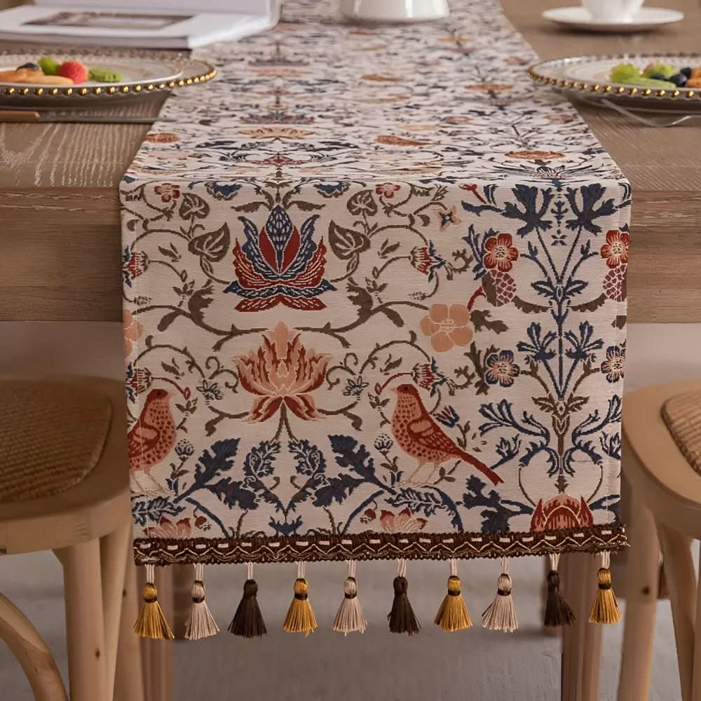 Chemin de table jacquard vintage avec motif floral et oiseaux et franges pour table à manger