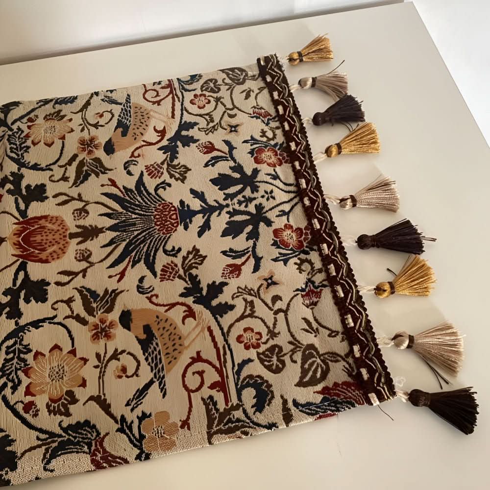 Chemin de table jacquard vintage avec motif floral et oiseaux et franges pour table à manger