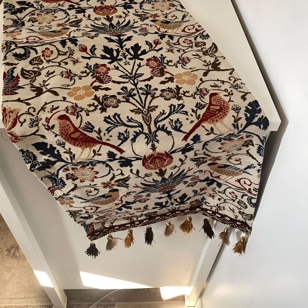 Chemin de table jacquard vintage avec motif floral et oiseaux et franges pour table à manger