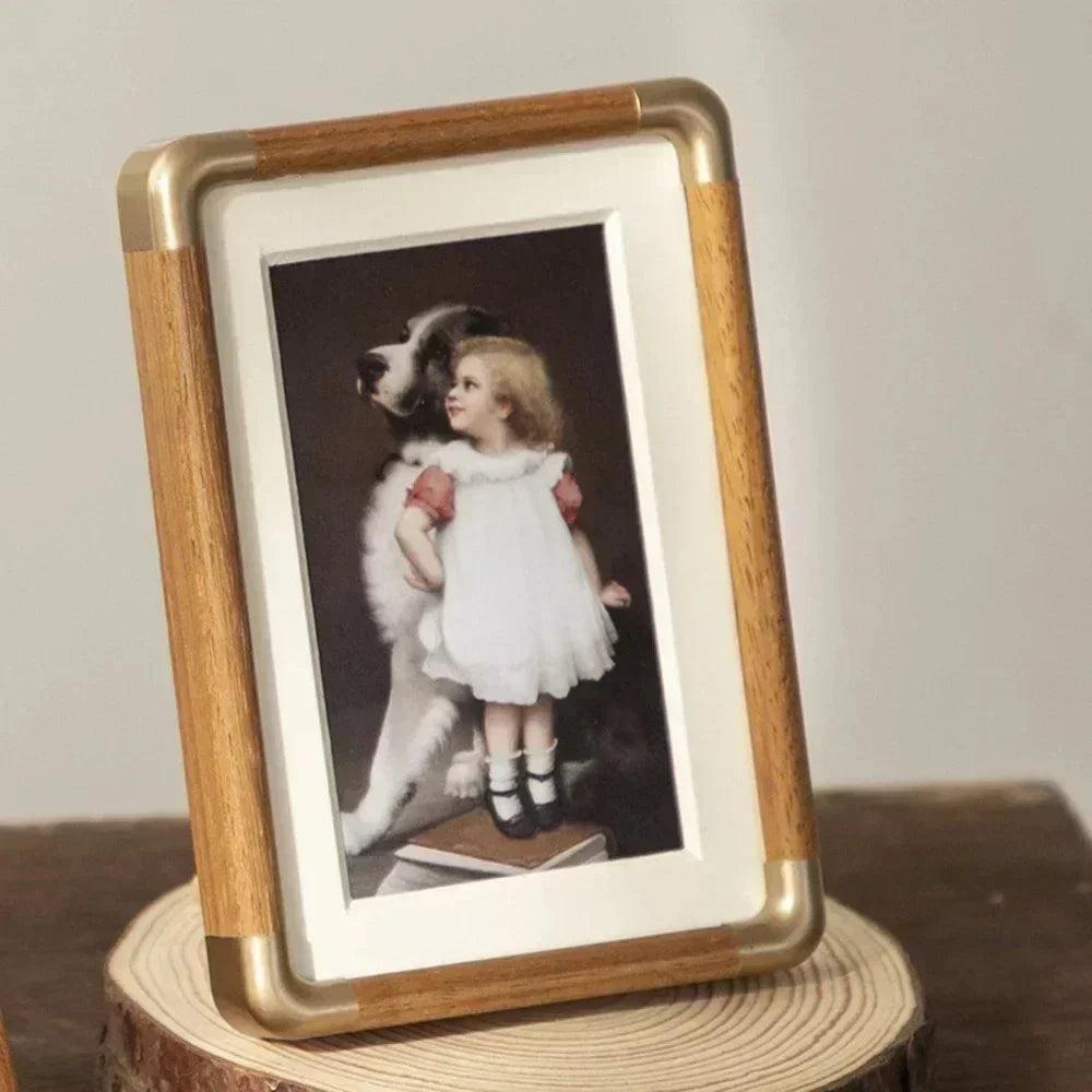 Solid Wood Photo Frame with Golden Corner Fittings and Mat