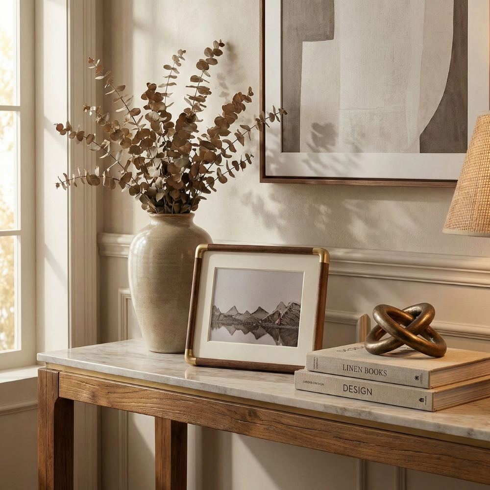 Solid Wood Photo Frame with Golden Corner Fittings and Mat