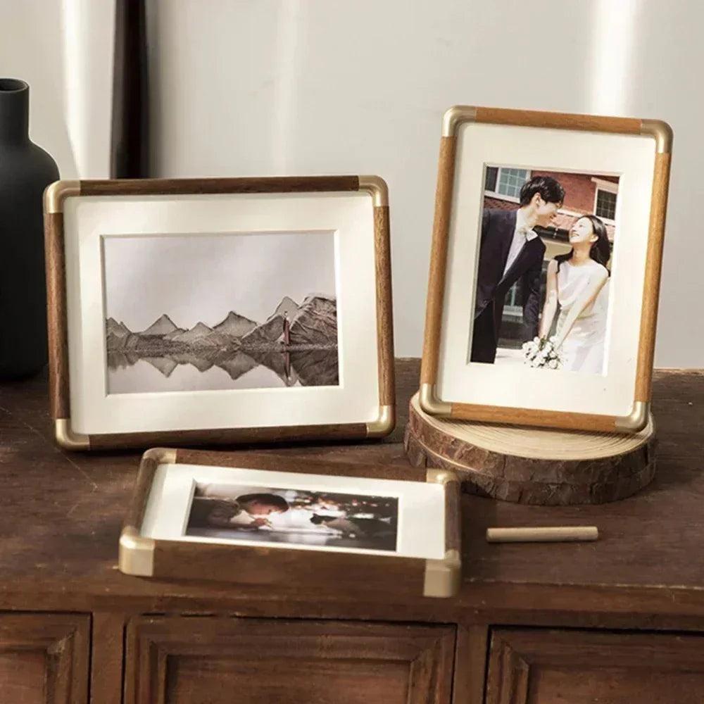 Solid Wood Photo Frame with Golden Corner Fittings and Mat