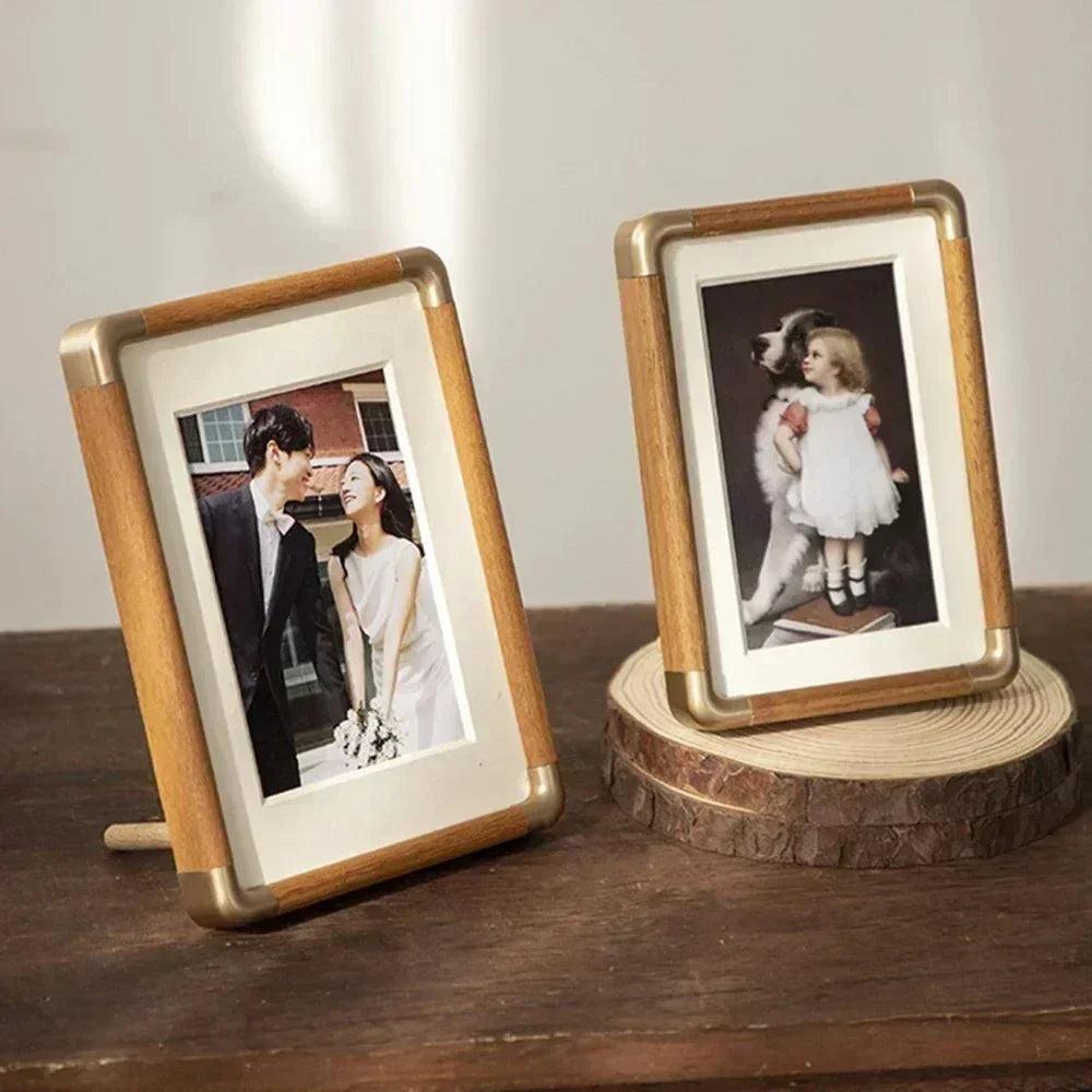Solid Wood Photo Frame with Golden Corner Fittings and Mat