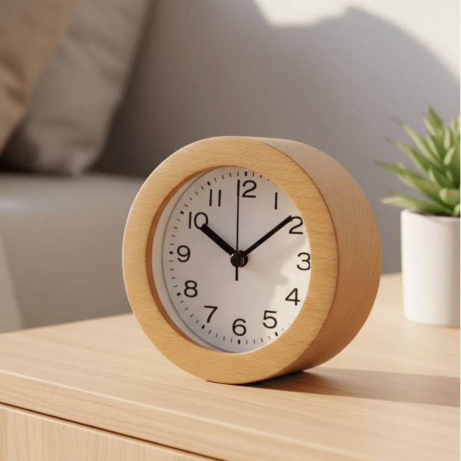 Réveil en bois avec mouvement silencieux et cadran analogique pour chambre