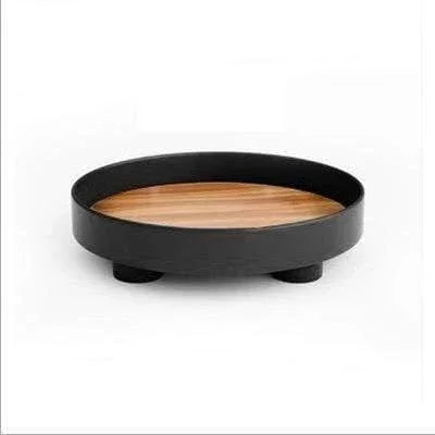 Plateau Rond en Bois avec Incrustation de Chêne et Bord Noir Relevé pour Table Basse