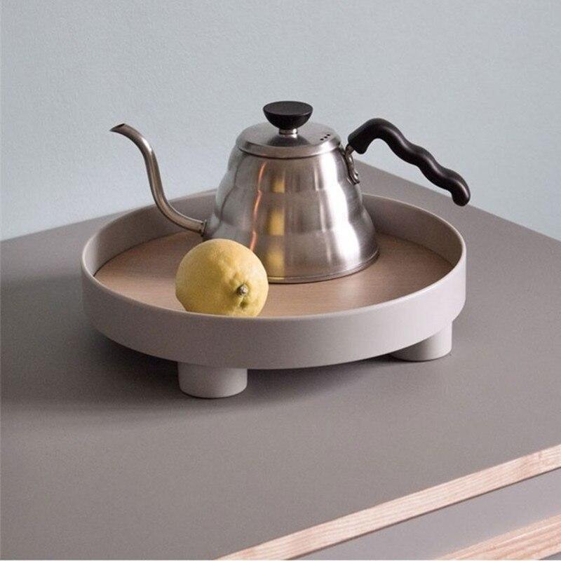 Plateau Rond en Bois avec Incrustation de Chêne et Bord Noir Relevé pour Table Basse
