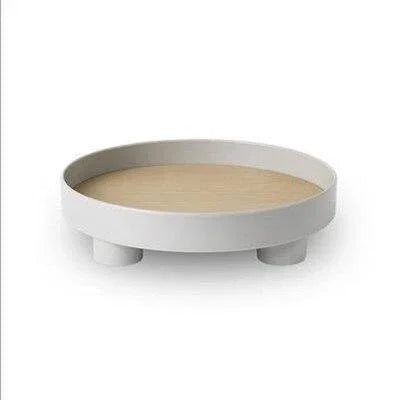 Plateau Rond en Bois avec Incrustation de Chêne et Bord Noir Relevé pour Table Basse