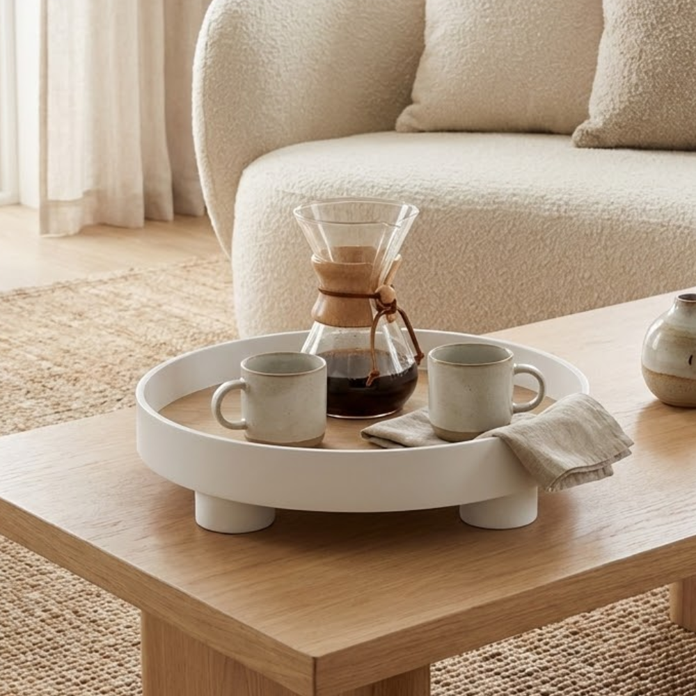 Plateau Rond en Bois avec Incrustation de Chêne et Bord Noir Relevé pour Table Basse