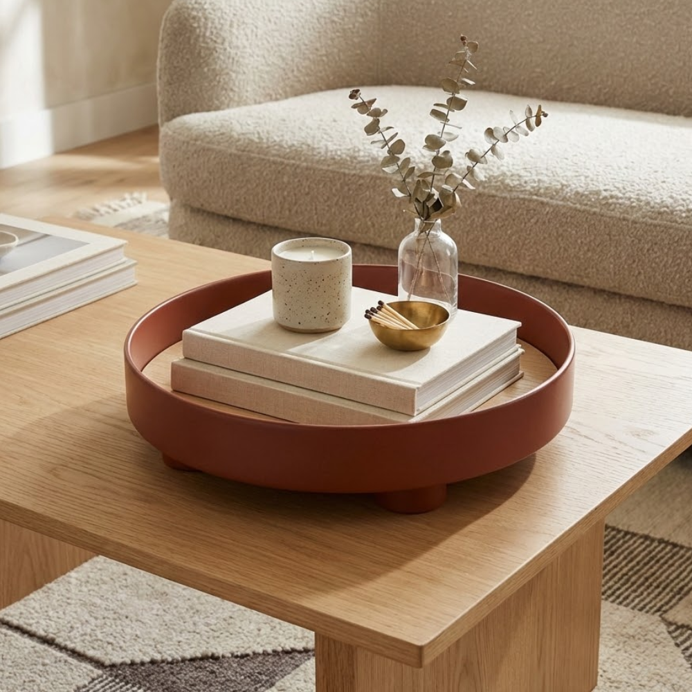 Plateau Rond en Bois avec Incrustation de Chêne et Bord Noir Relevé pour Table Basse