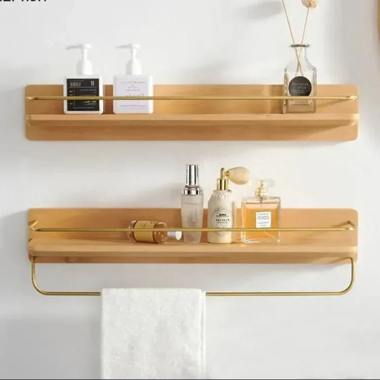 Étagère Murale en Bois pour Salle de Bain avec Rampe Dorée et Barre à Serviettes