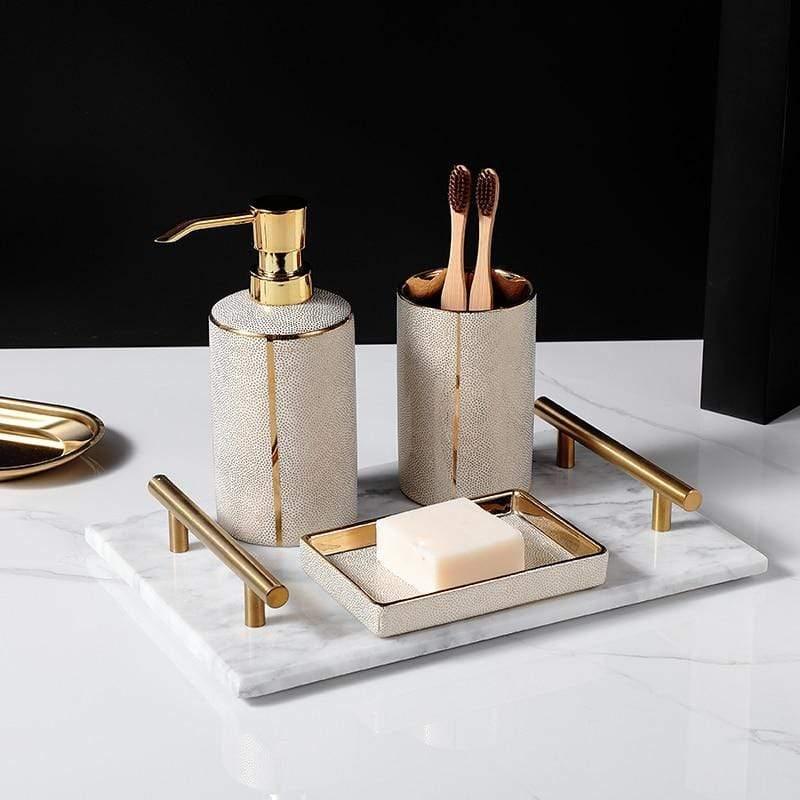 LuxeBain – Elegant Ceramic Bathroom Set with Golden Accents